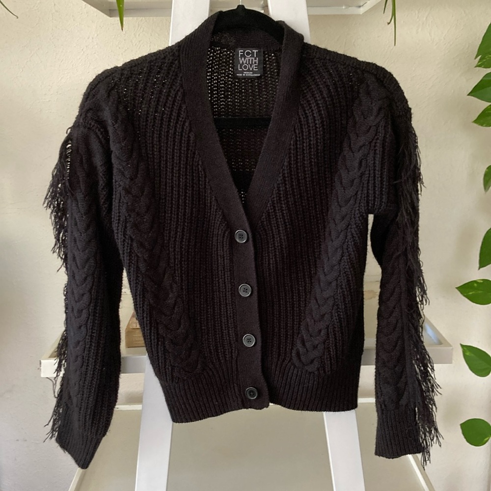 FCT with Love Black Button Front Cardigan Sweater with Fringed Sleeves